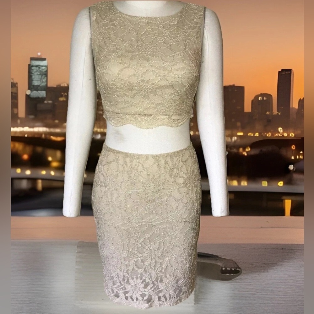 City Studio Sexy 2PC Tan Gold Metallic Floral Lace Skirt & Tank Top Set